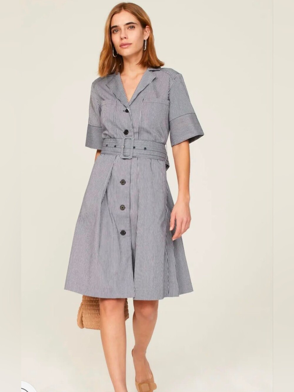 Adam Lippes Striped Belted Midi Blue Shirt Dress (missing buckle)